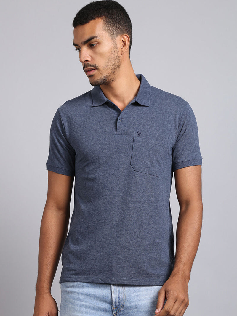 Venitian Men Solid Cotton Blue Polo T-Shirt With Pocket