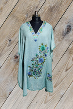 100% Cotton Short Kashmiri Kaftan with Floral Aari Embroidery Turquoise Color