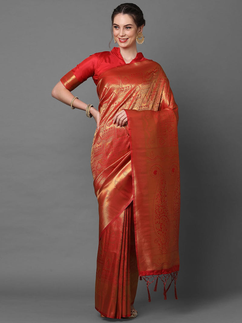 Sareemall Red Party Wear Kanjivaram Silk Woven Design Saree With Unstitched Blouse
