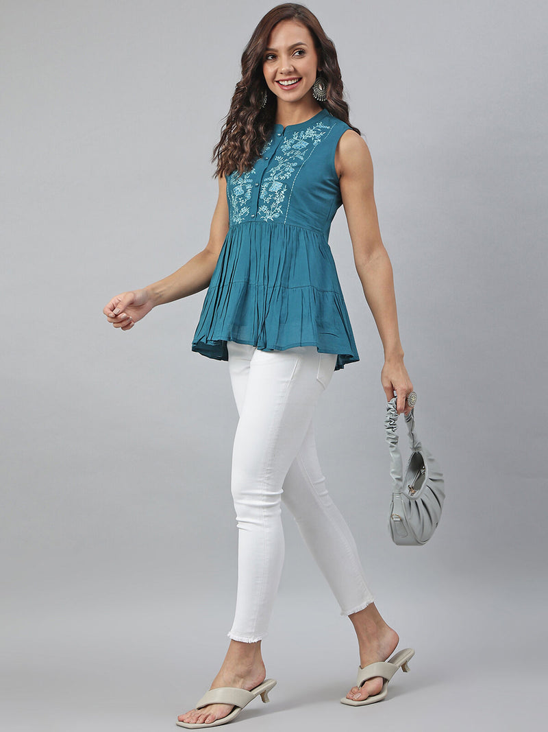 Janasya Women's Teal Cotton Embroidered Flared Top