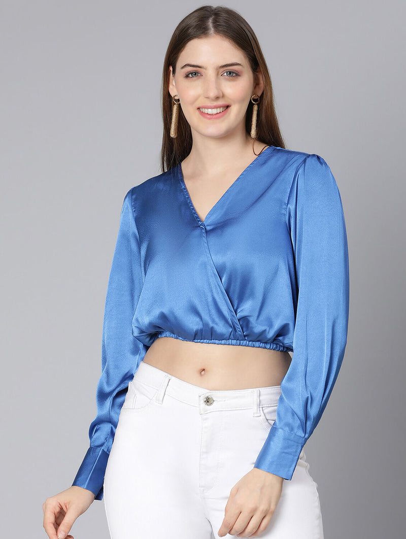 Party Wear Solid Blue Elasticated Women Partywear Satin Crop Top