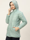 Women Mint Green Solid Padded Jacket With Detachable Hood