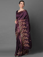 Sareemall Wine Party Wear Polycotton Embroidered Saree With Unstitched Blouse