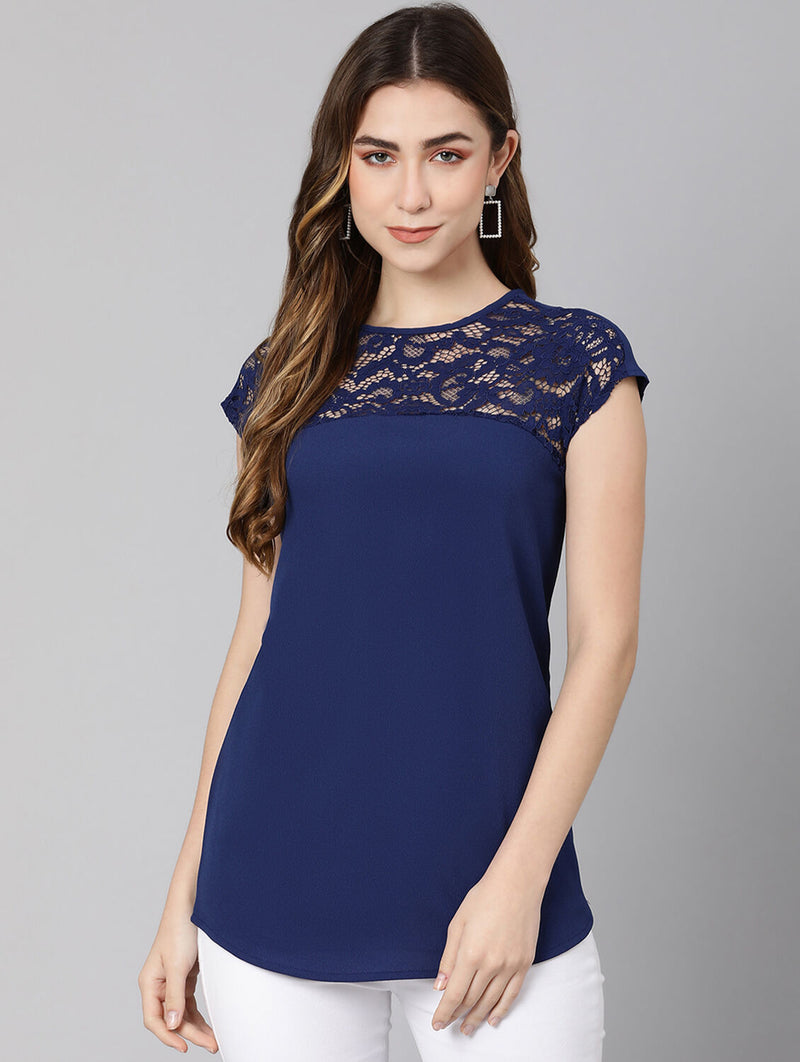 Acheiver Blue Laced Up Women Top