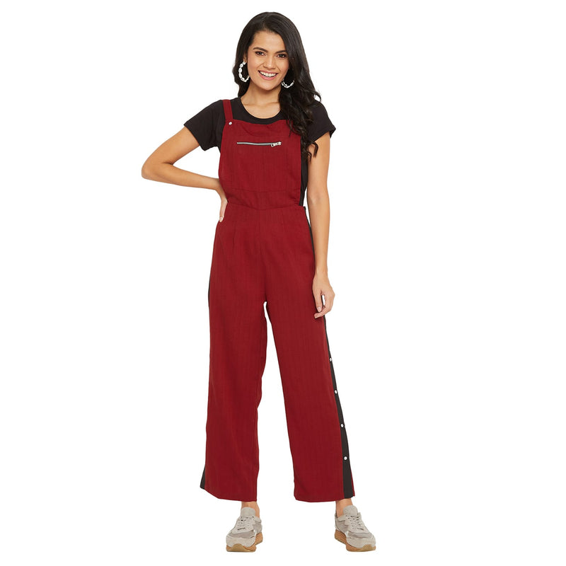 Adults-Women Solid Maroon Dungarees With Side Stripes
