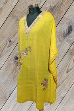 100% Cotton Short Yellow Kashmiri Kaftan with Floral Aari Embroidery
