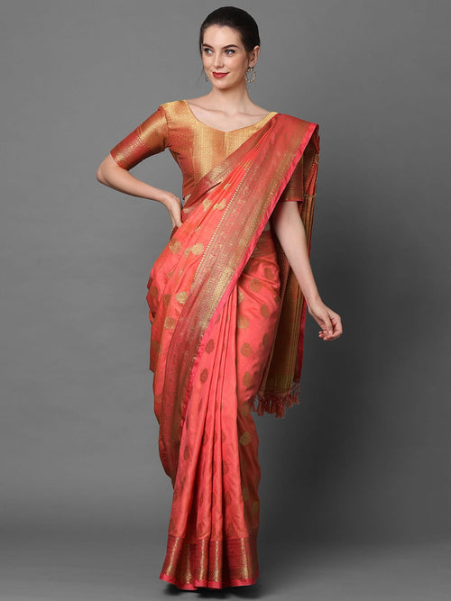 Sareemall Peach Party Wear Silk Blend Woven Design Saree With Unstitched Blouse