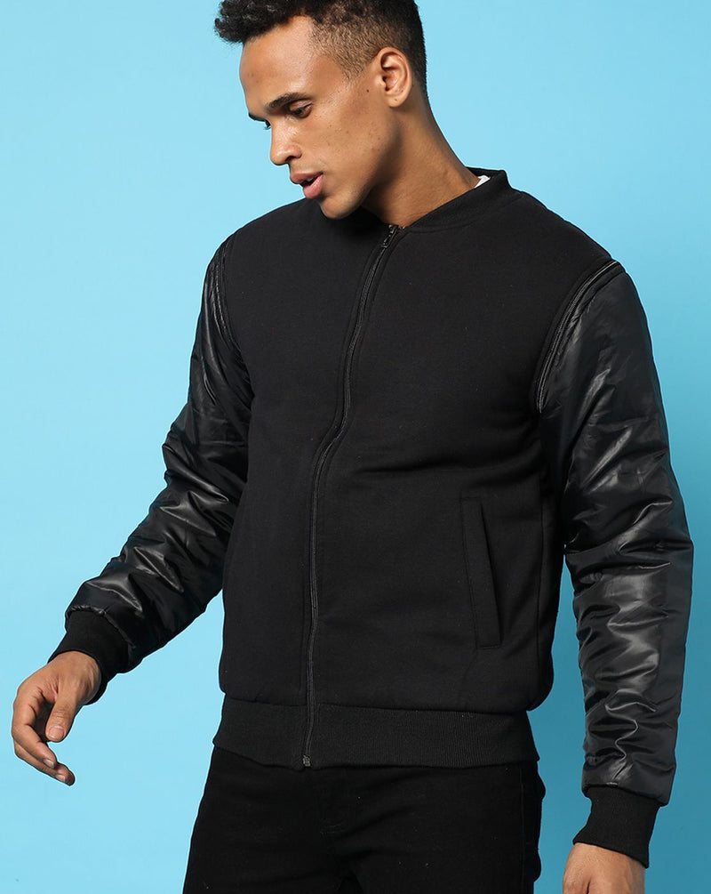 Campus Sutra Mens Black Solid Bomber Jacket Regular Fit For Casual Wear | Standing Collar | Vegan Leather Sleeves | Trendy Jacket Crafted With Comfort Fit & High Performance For Everyday Wear
