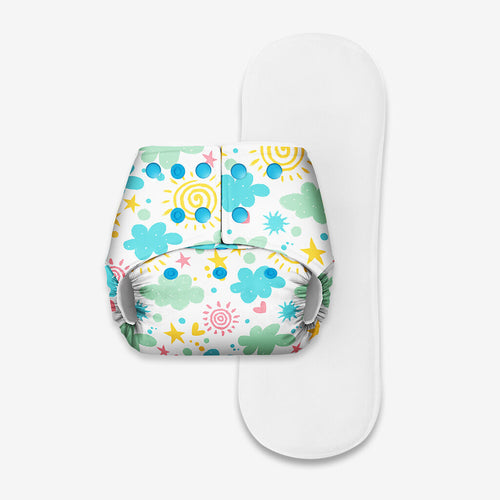 BASIC Pocket Diaper - Freesize Adjustable, Washable and Reusable pocket cloth diaper for day time use (with dry feel pad/soaker/insert)(Clouds)