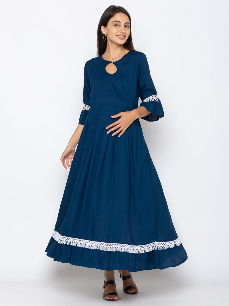 MomToBe Women's Rayon Aegan Blue Maternity/Feeding/Nursing Dress