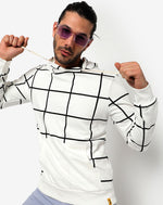 Campus Sutra Men's White & Black Checked Textured Regular Fit Sweatshirt With Hoodie For Winter Wear | Full Sleeve | Cotton Sweatshirt | Casual Sweatshirt For Man | Western Stylish Sweatshirt For Men