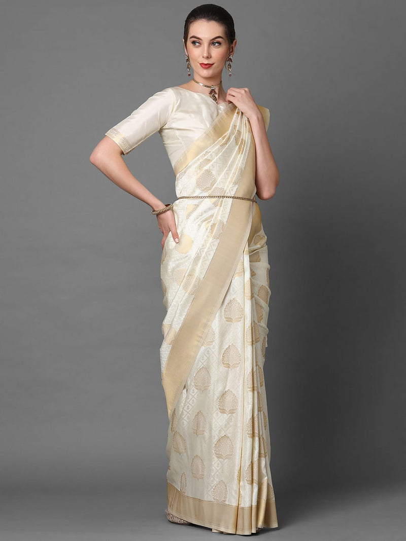 Sareemall Cream Festive Kanjivaram Silk Woven Designer Saree With Unstitched Blouse