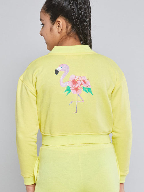 Girls Yellow Fleece Flamingo Bomber Jacket