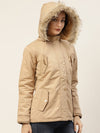 Women Beige Solid Parka Jacket With Detachable Hood