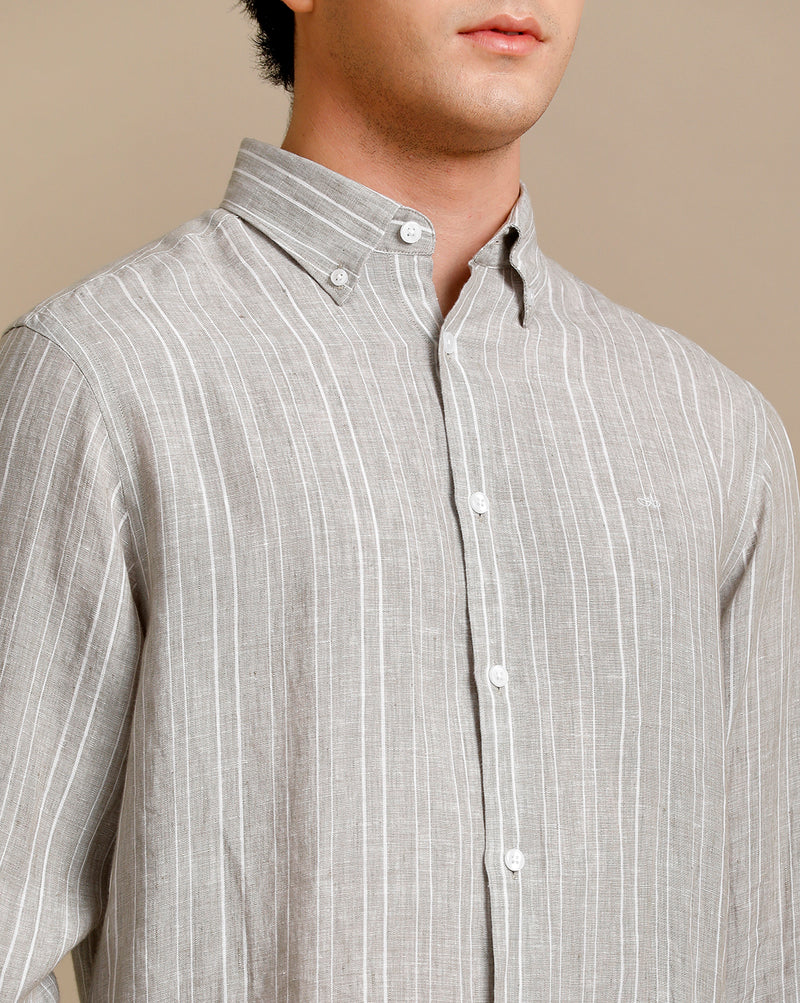 Mens Regular Fit Grey Green/Whiet Stripe Casual Linen Shirt