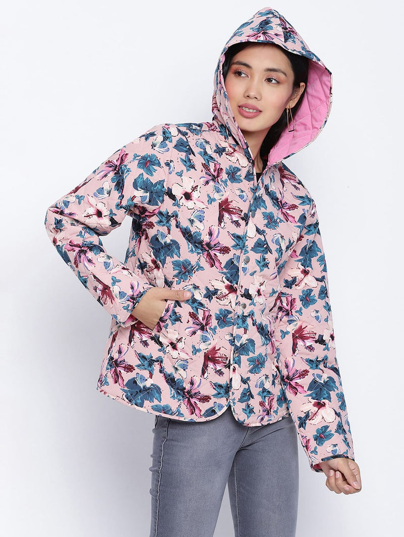 Pearl Pink Floral Print Women Quilted Hooded Jacket