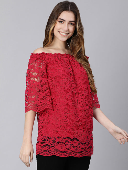 Bomb Of Red With Lace Design Women Linned Top