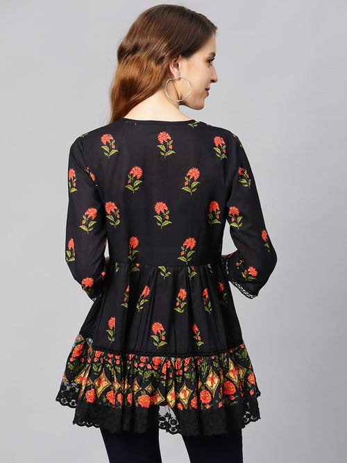 Juniper Black Cambric Embroidered Tiered Top