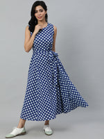 Women Blue Polka Dots Printed Sleeveless Dress With Toll Doei Details
