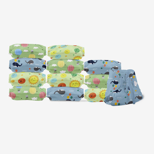 SuperBottoms Dry Feel Langot - Pack of 12- Organic Cotton Padded Baby Nappy/langot with Gentle Elastics & a SuperDryFeel Layer on top (Day Dreamer, Size 2)