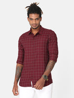 Men Maroon & White Slim Fit Checked Cotton Casual Shirt