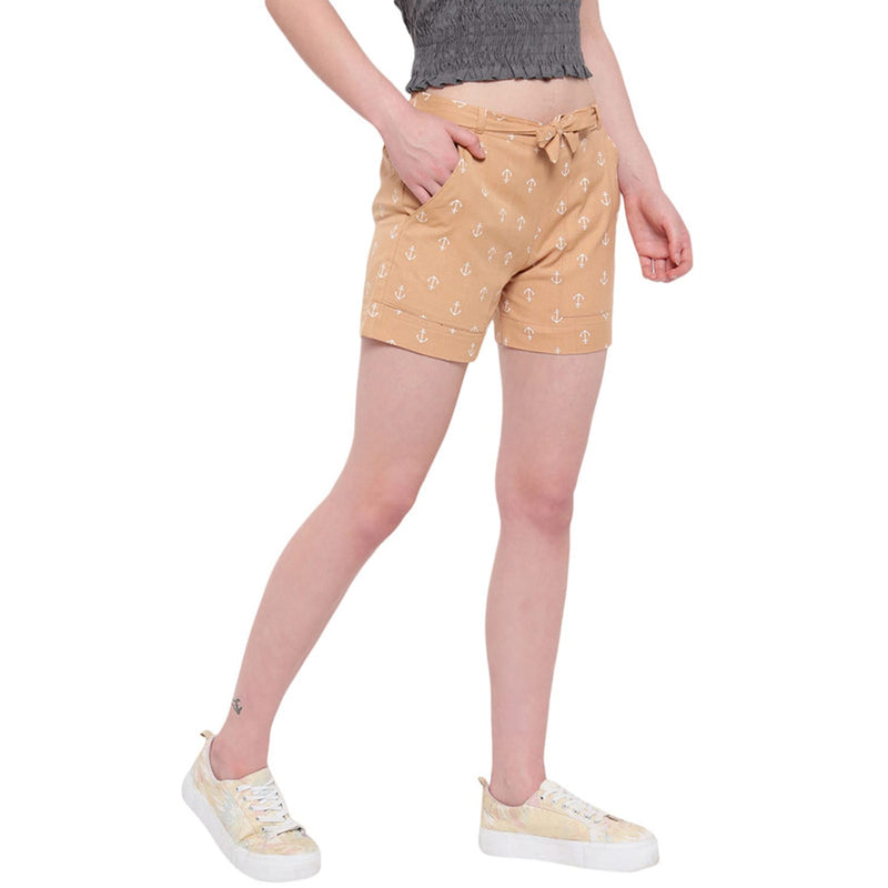 Aawari Cotton Printed Anchor Shorts For Girls and Women Almond