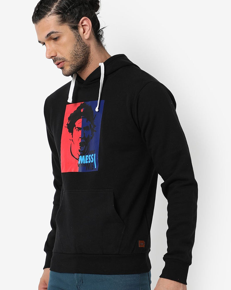 Campus Sutra Men's Solid Black Printed Regular Fit Sweatshirt With Hoodie For Winter Wear | Full Sleeve | Cotton Sweatshirt| Western Stylish Sweatshirt For Men