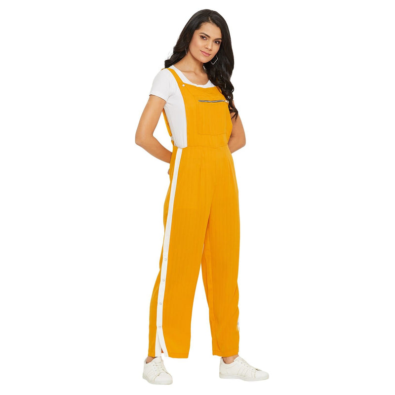 Adults-Women Solid Mustard Dungarees With Side Stripes