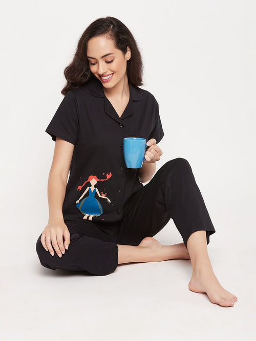 Clovia Cancer Print Button Me Up Shirt & Pyjama Set in Black - 100% Cotton