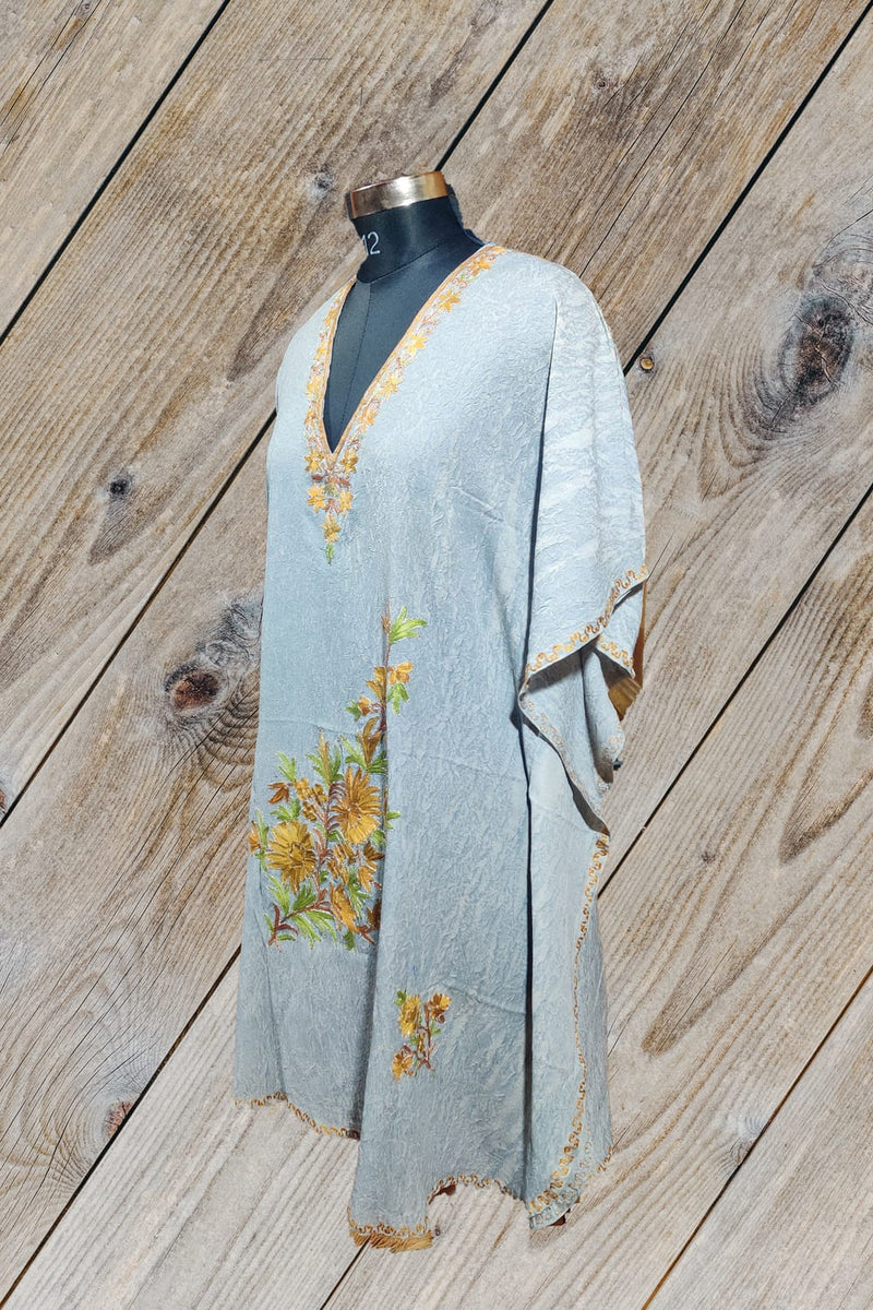 100% Cotton Short Kashmiri Grey Kaftan with Floral Aari Embroidery