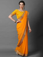 Sareemall Yellow Haldi Georgette Solid Saree With Unstitched Blouse