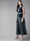 Juniper Teal Dull Satin Placement Print Panelled Dress