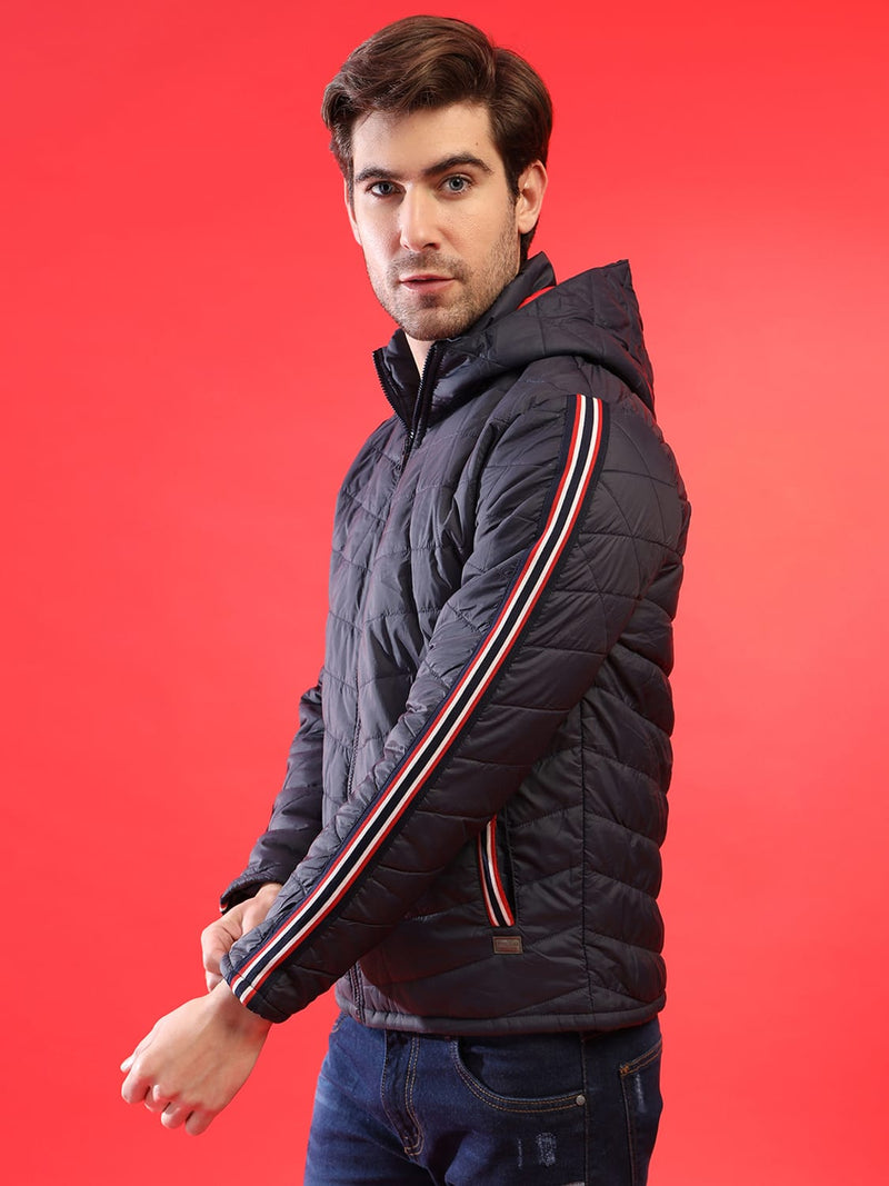 Campus Sutra Able Ment Men Navy Blue Solid Windcheater Padded Jacket with Side Stripes