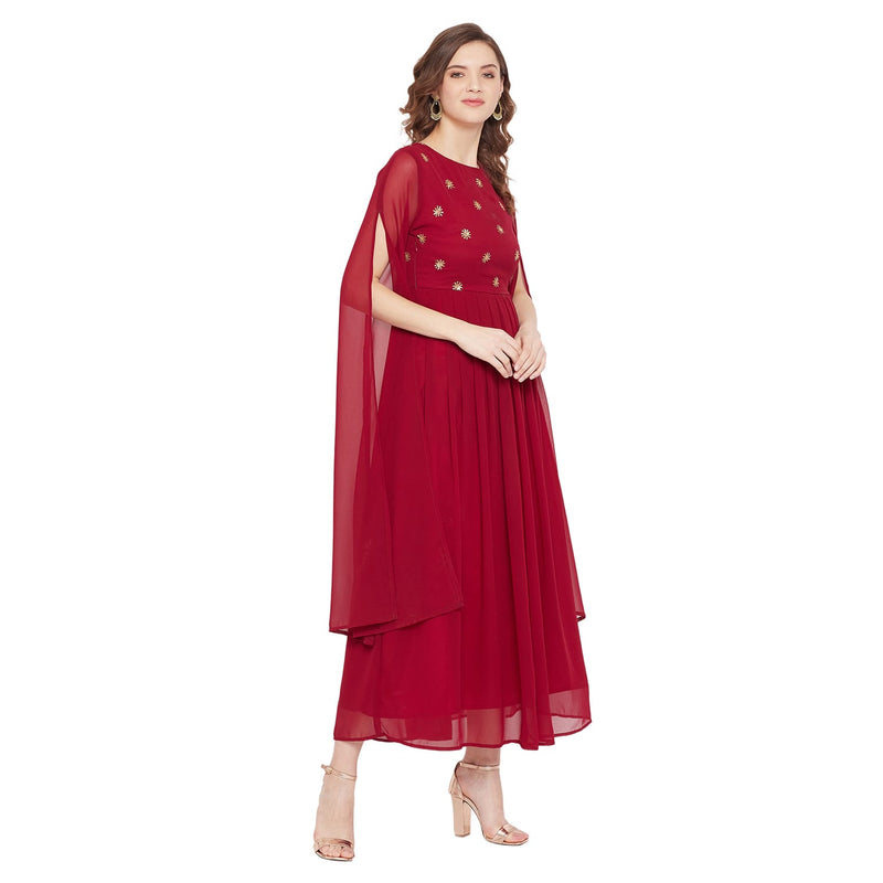 Adults-Women Maroon Yoke Embroidered Dress With Long Sleeve