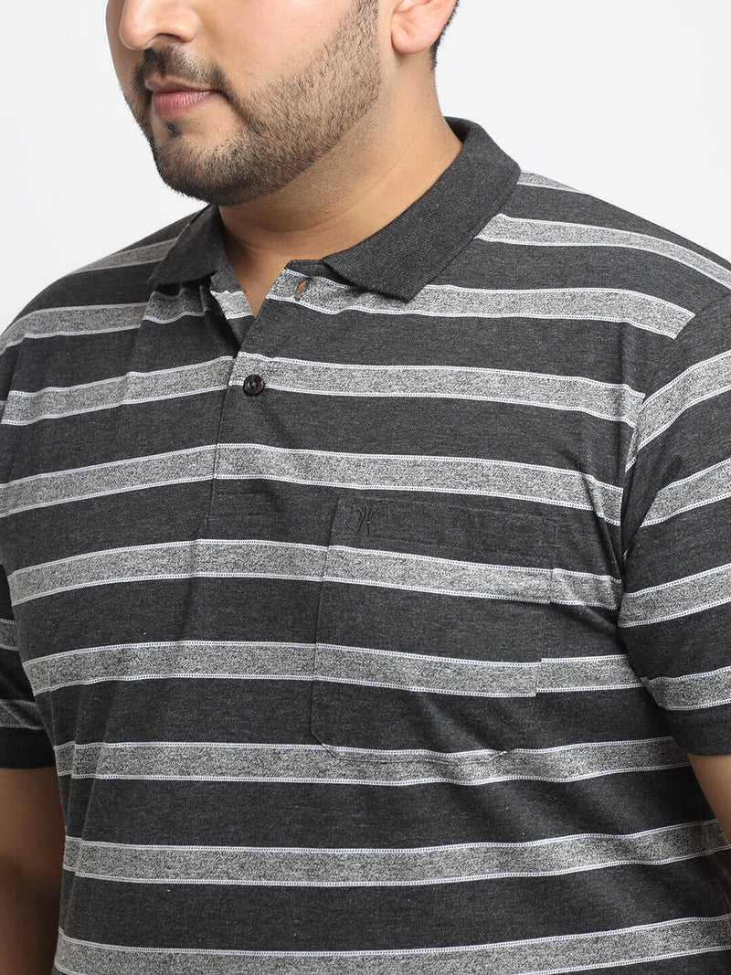 Venitian Men Striped Plus Size Polo Neck Black T-shirt With Pocket