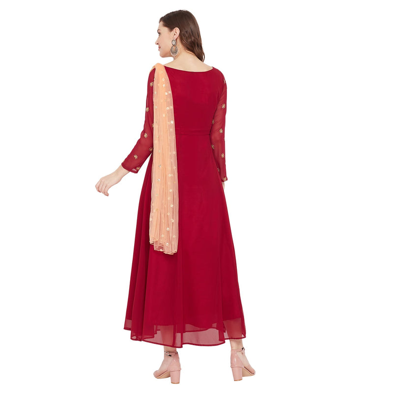 Adults-Women Maroon Sun Emb. Dress With Attached Dupatta