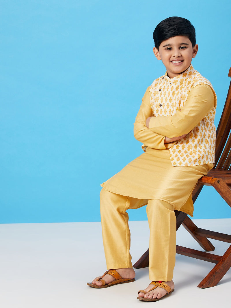 Boy's Circular Printed Kurta set with Jacket Yellow
