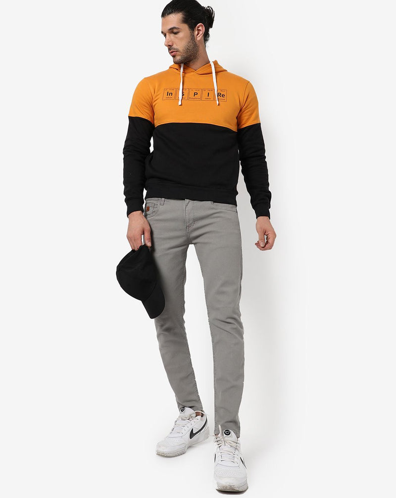 Campus Sutra Men's Mustard & Black Colour-Blocked Printed Regular Fit Sweatshirt With Hoodie For Winter Wear | Full Sleeve | Cotton Sweatshirt | Casual Sweatshirt For Man | Stylish Sweatshirt For Men