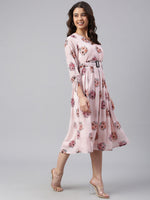 Janasya Women's Peach Georgette Floral Print Flared Western Dress