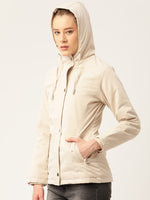 Women Cream-Coloured Solid Hooded Padded Jacket