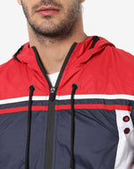 Campus Sutra Men's Red & Blue Colour-Blocked Puffer Regular Fit Bomber Jacket For Winter Wear | Hooded Collar | Full Sleeve | Zipper | Casual Jacket For Man | Western Stylish Jacket For Men