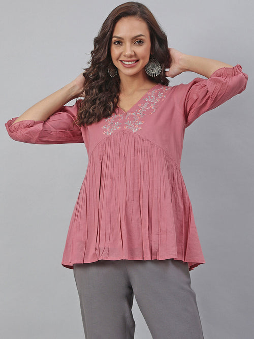 Janasya Women's Pink Cotton Embroidered Fit and Flared Top