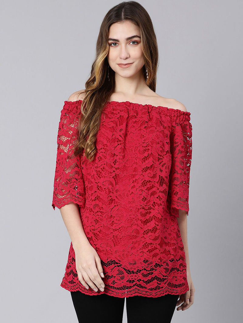 Bomb Of Red With Lace Design Women Linned Top