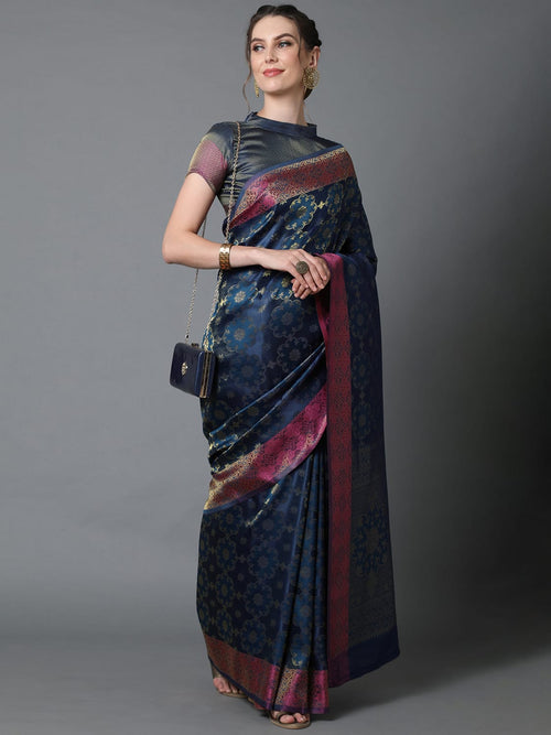 Sareemall Navy Blue Party Wear Pure Satin Woven Design Saree With Unstitched Blouse