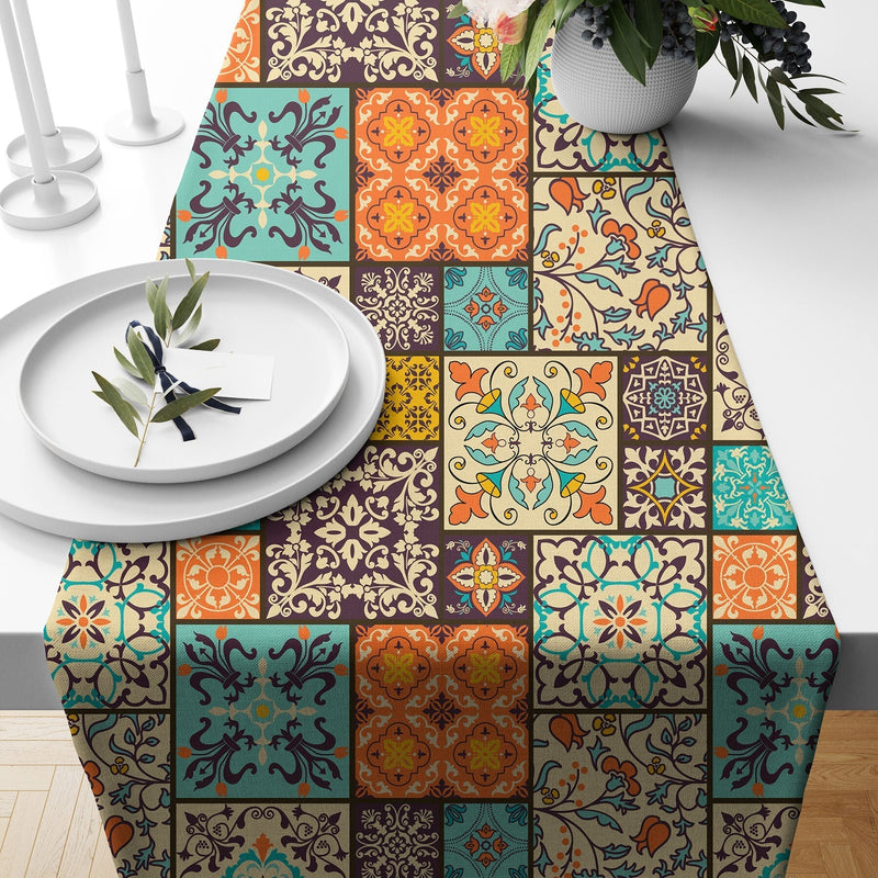 Ethnic Box Printed Cotton Canvas Table Runner ( 13 x 60 Inches with Tassel )