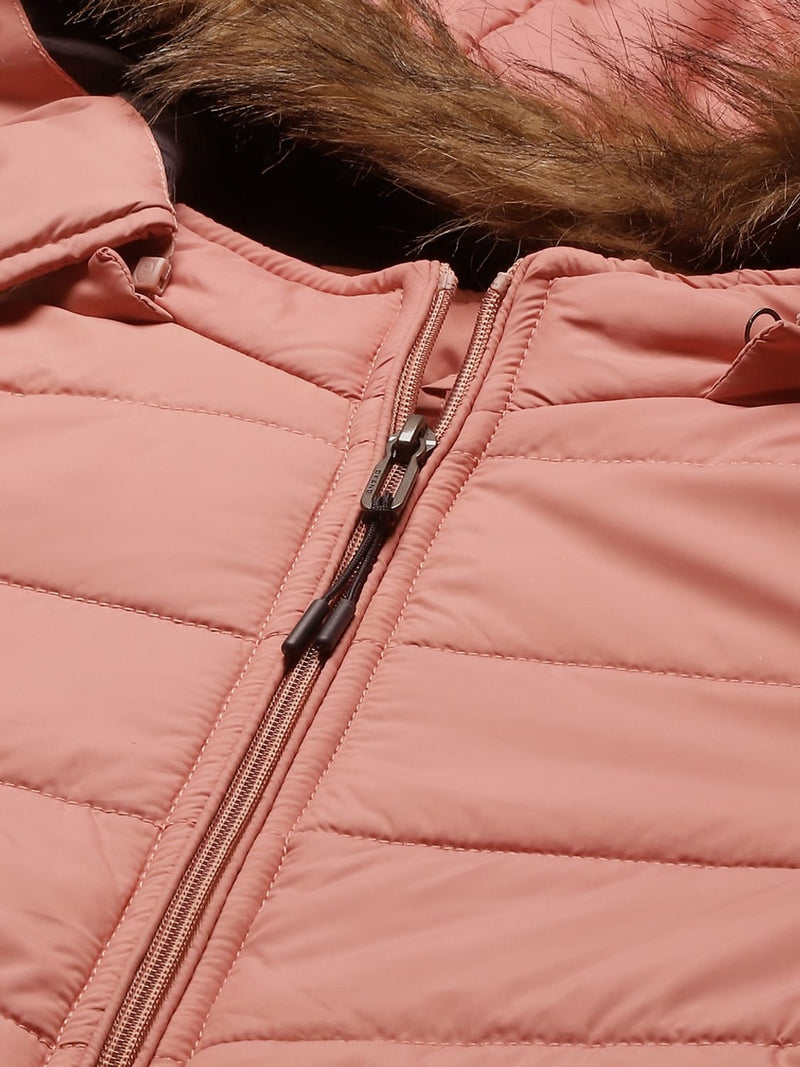 Women Peach-Coloured Solid Parka Jacket With Detachable Hood
