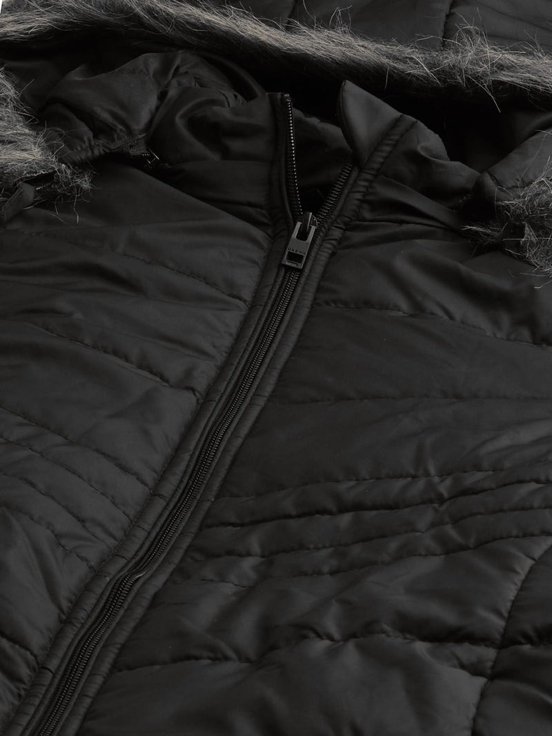 Women Black Solid Parka Jacket With Faux Fur Trim
