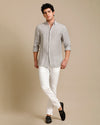 Mens Regular Fit Grey Green/Whiet Stripe Casual Linen Shirt