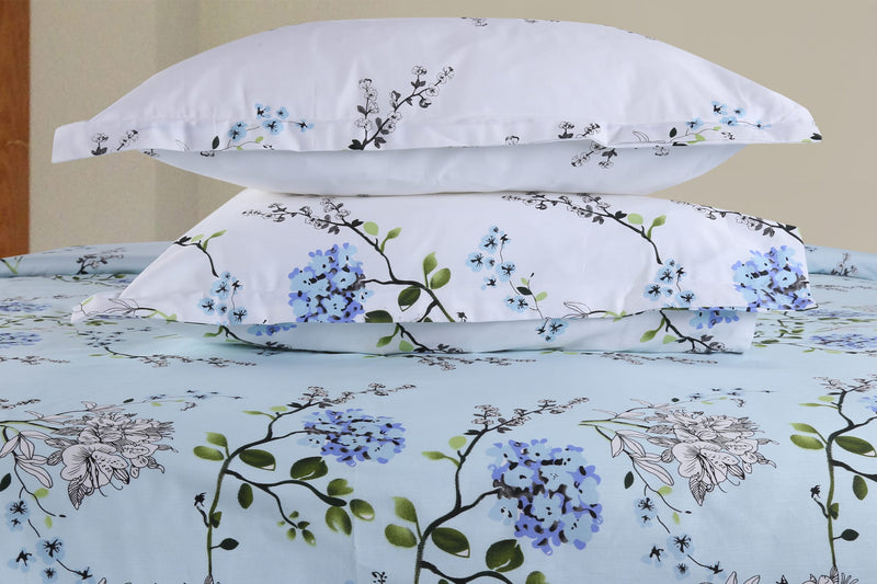 Victorian Summer Dream, 100% Cotton Double Bedsheet with 2 Pillow Covers, 186 Thread Count (Blue: White Pillows)