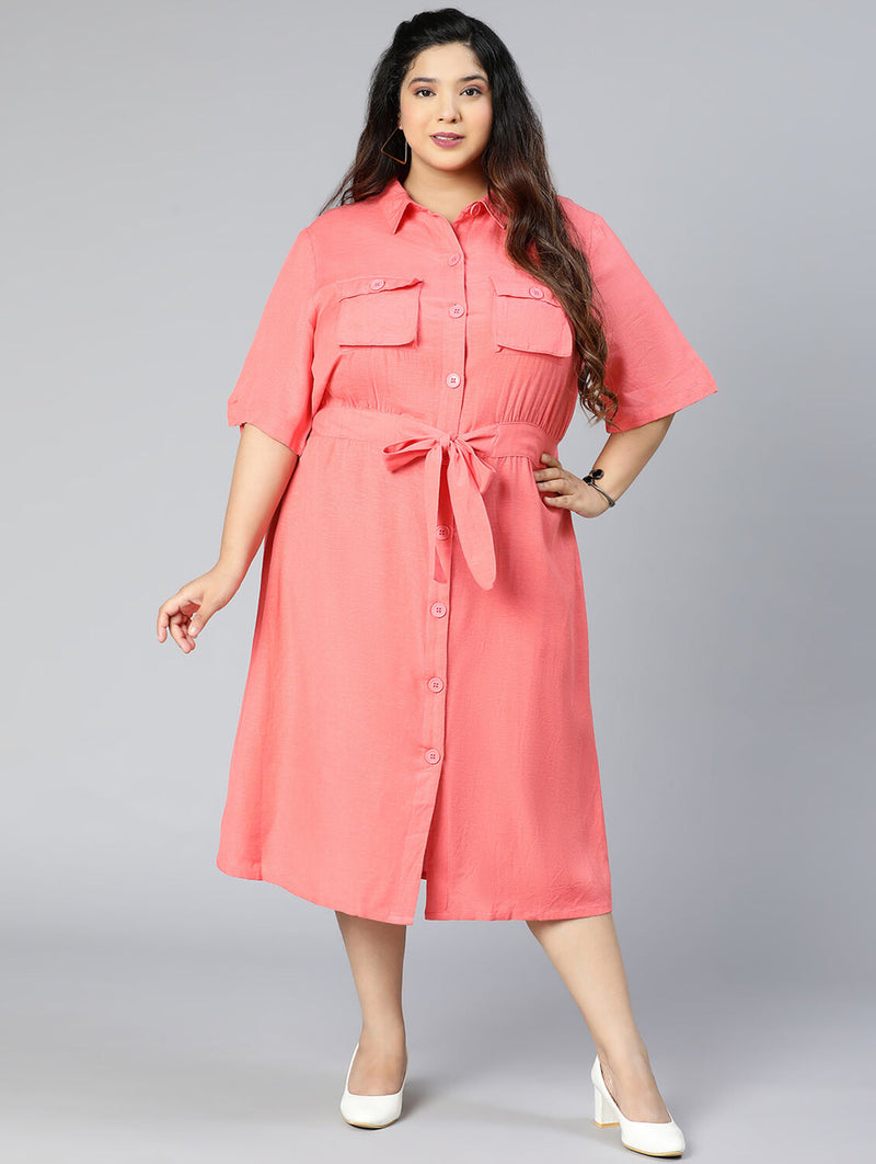 Boom Pink Button-Down Plus Size Linen Blend Dress